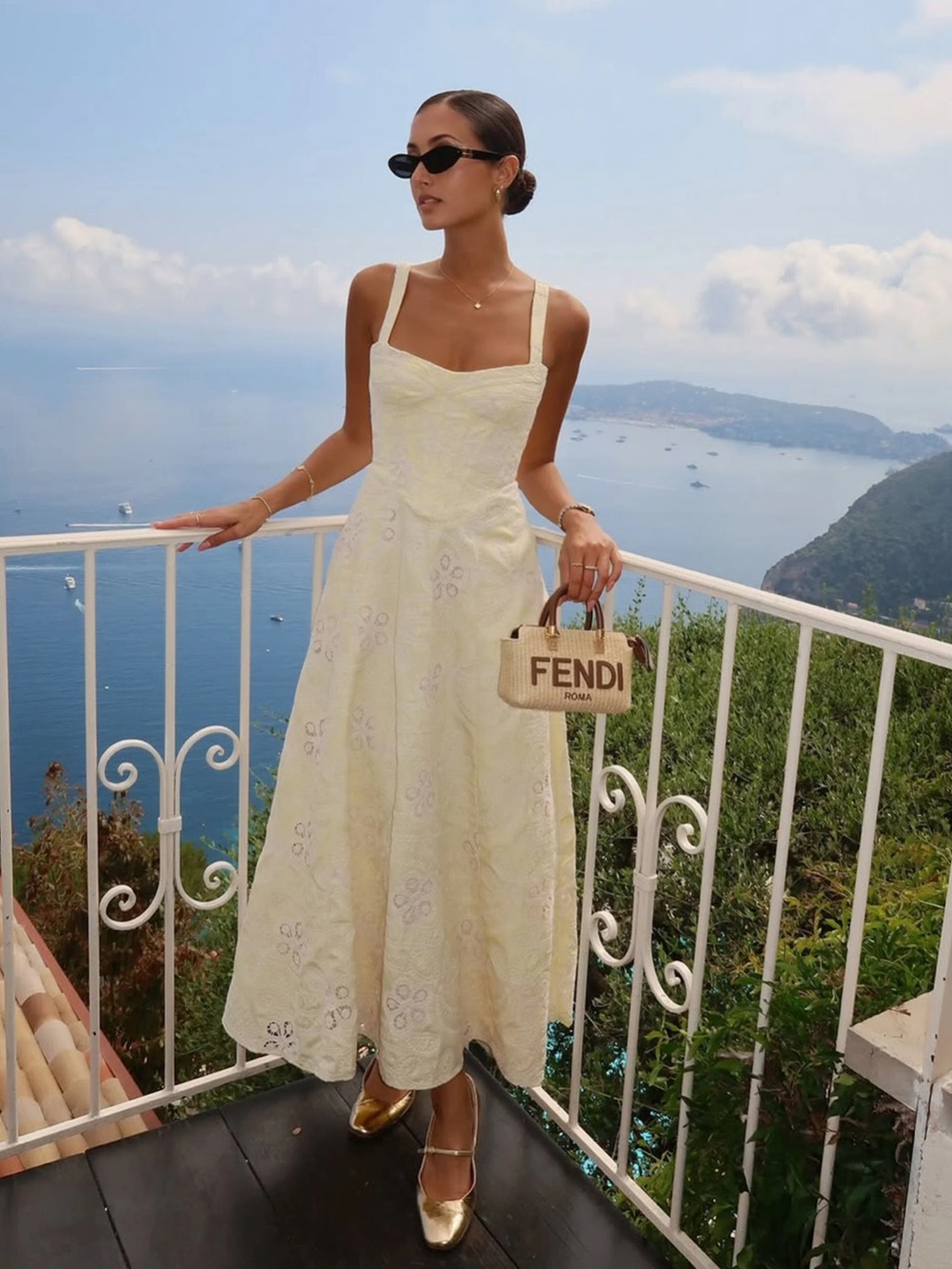 Bardot Pale Yellow Strapless Eyelet Dress